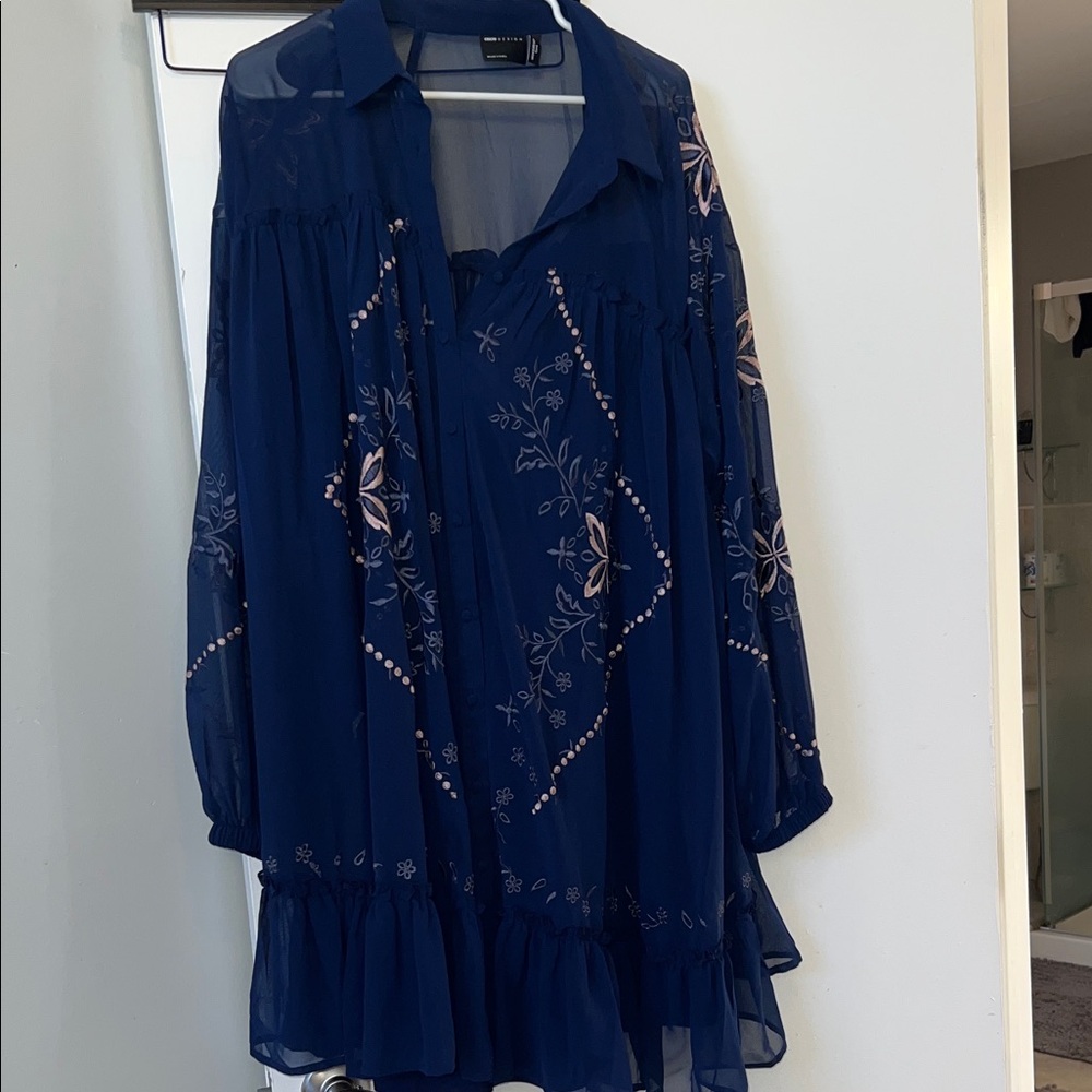 Navy Floral Sheer Button-Front Tunic